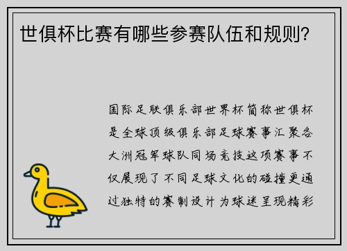 世俱杯比赛有哪些参赛队伍和规则？