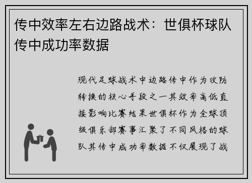 传中效率左右边路战术：世俱杯球队传中成功率数据