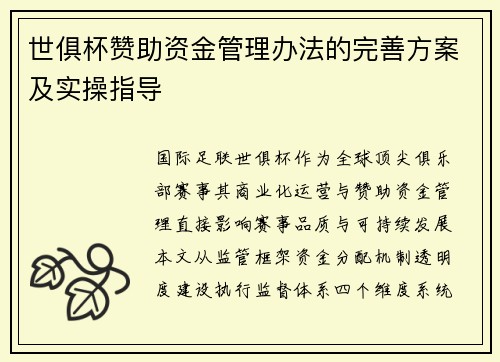 世俱杯赞助资金管理办法的完善方案及实操指导